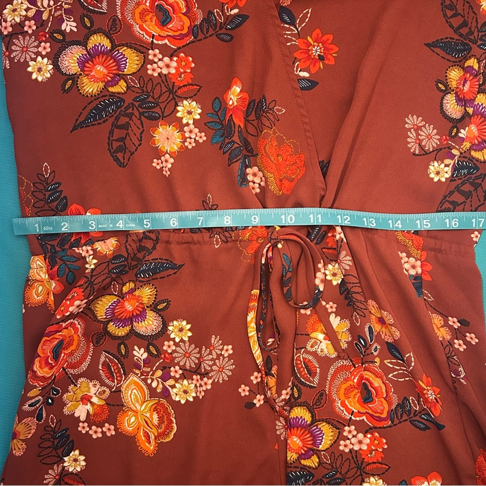 Red Floral Romper Attached Choker. Long 3/4 Sleeve Size Medium Timing Mini - Picture 11 of 13